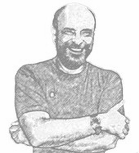 Desenho a lápis de Joris Marengo sorrindo, de braços cruzados.